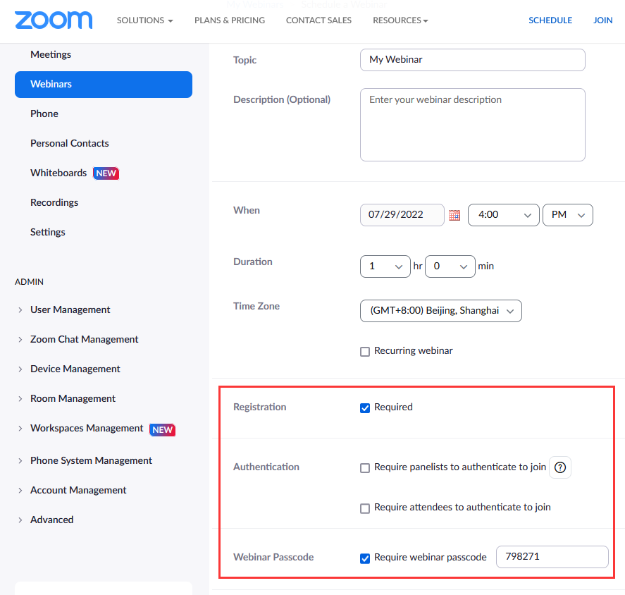 HHMeet webinar settings